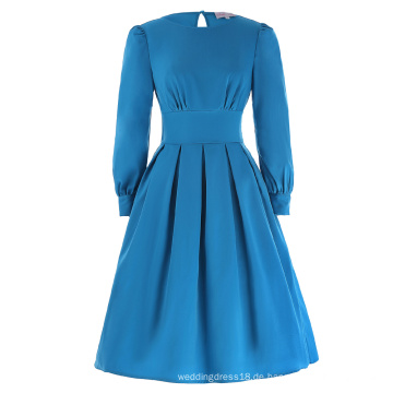 Belle Poque Retro Vintage Frauen Himmel blau Langarm Boat Neck Swing Party Picknick Kleid BP000255-1